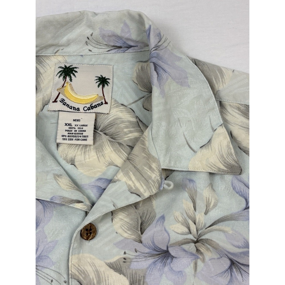 Banana Cabana Island Leaves Silk Jacquard Camp Shirt XXL Light Blue/Lavender EUC